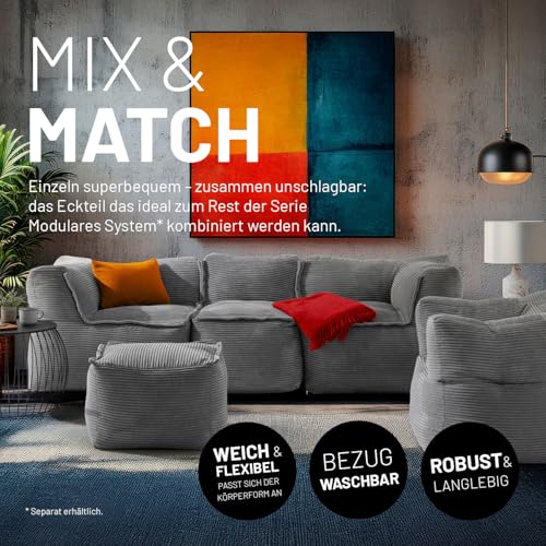 Lumaland Modulares Eckteil rechts - Cord-Reihe | Indoor Sitzsack mit Softer Struktur, ideal Sofa Modulen & zum Pouf | Bean Bag mit Füllung - für Wohnzimmer & Co. - 81x81x70 cm