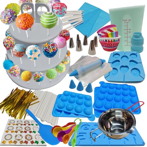 554PCS Cake Pop Maker Kit - Silicone Lollipop Molds Baking Supplies with 3 Tier Display Stand | Chocolate Candy Melting Pot | Bags and Twist Ties | Cakepop Sticks | Decorating Pen