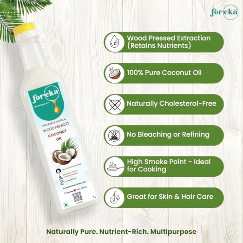 Image of Foreka Virgin Coconut Oil 1L | Cold Pressed, Wood Pressed & Unrefined | Natural Edible Oil for Cooking, Hair & Skin Care | Traditional Chekku /Kolhu Extracted Pure Oil