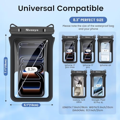 Niveaya Double Space Waterproof Phone Pouch - 2 Pack, Waterproof Phone Lanyard Case with iPhone 17/16/15/14/13 Pro Max up to 8.3", Phone Dry Bags for Vacation Beach Pool Kayak Cruise Travel Essentials by Niveaya - Image 4
