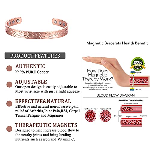 Copper Bracelet And Rings For Women And Men 6Pcs Magnets For Arthritis Pain Relief Adjustable Cuff Bracelet #TOP3