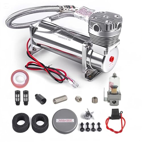 CNWZYMX 3/8NPT Heavy Duty 200 PSI Air horn Compressor kit with 1/4NPT Converter head and Oil water separator, Fittings for 12V Cars/Train/Truck,Air Suspension horn Compressor SILVER