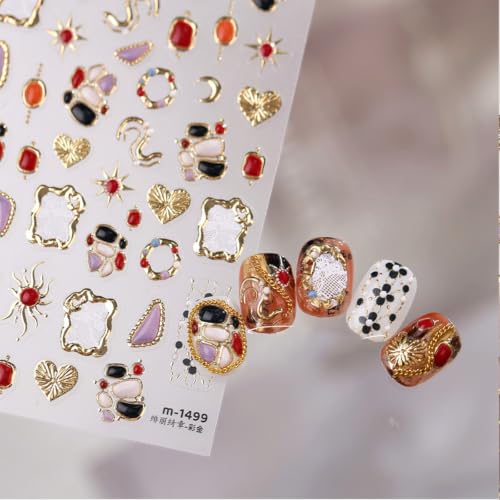 Image of Colorful Gem Nail Stickers Irregular Frame Design Vintage Nail Art Decals | Gold Metal Nail Decals 5D Self Adhesive Rhinestone Lace Nail Art Stickers for Luxury Manicure Decor Accessories 1 Sheets