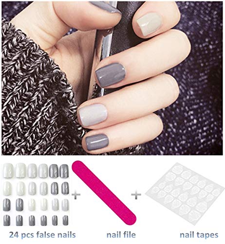 editTime 24PCS Colorful Acrylic False Nails Full Cover Short Square Press on Fake Nails Art Gel Tips Manicure Nails Sets (Ivory+grey+cinerous)