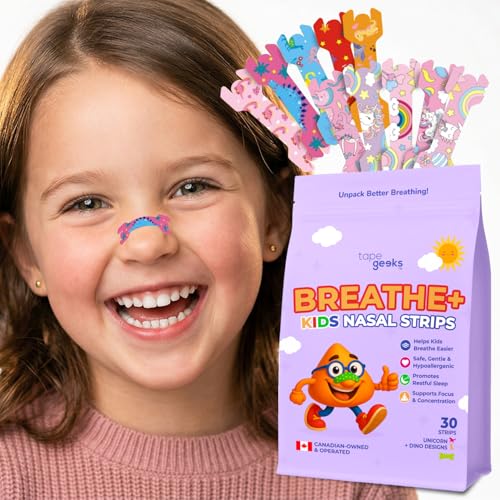 TapeGeeks Nasal Strips for Kids Nose Strips for Breathing Nasal Strip for Reducing Snoring Girls and Boys Unicorn and Dinosaur Patterns 30 Count