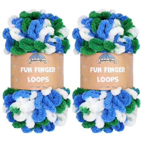JubileeYarn Fun Finger Loops Yarn - Polyester Jumbo Weight Loop Yarn - 100g/Skein - Blue Green White - 2 Skeins