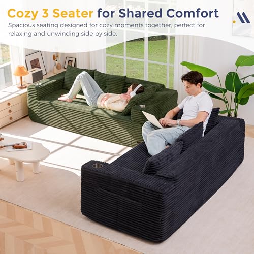 Image of MAXYOYO 79 inch Oversized Boneless Loveseat Sofa Couch for Small Spaces, Mini Love Seat Floor Couch with Cup Holders and Pillows, 3-Seater Upholstered Cloud Couch for Bedroom, No Assembly Required