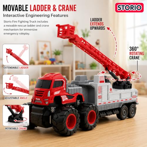 Image of Storio 1:43 4WD Fire Fighting Truck Toy | Friction Powered Engineering Vehicle for Kids | Miniature Fire Truck with Movable Ladder, Crane & Monster Wheels | Durable Car Toy