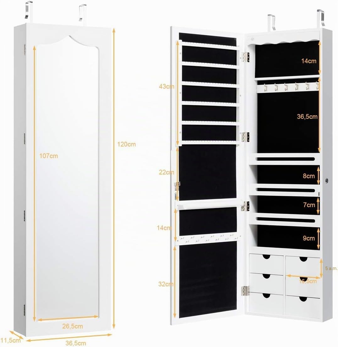 GIANTEX Armario de Joyas con Espejo de Cuerpo Entero, Armario Joyero con Cerradura y 5 LED, Montado en la Pared o en la Puerta, 36,5x11,5x120cm, para Pendientes, Anillos, Collares y Pulseras, Blanco