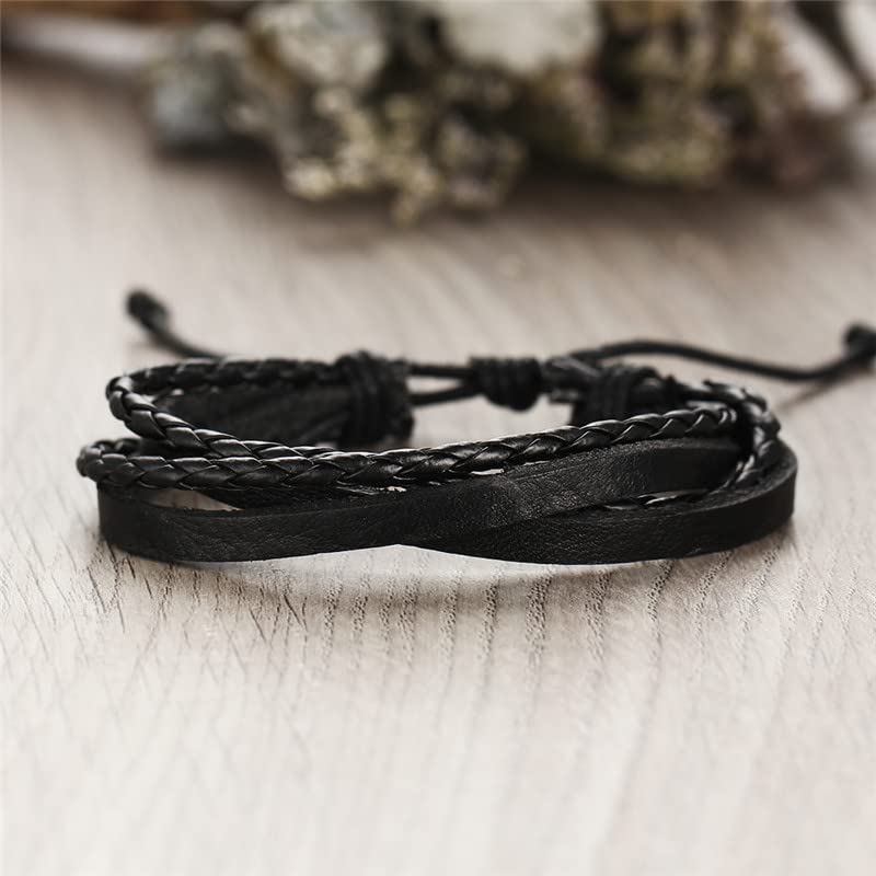 Image of PU Leather Multilayer Black Handcrafted Stylish Unisex Bracelet(set of 6)