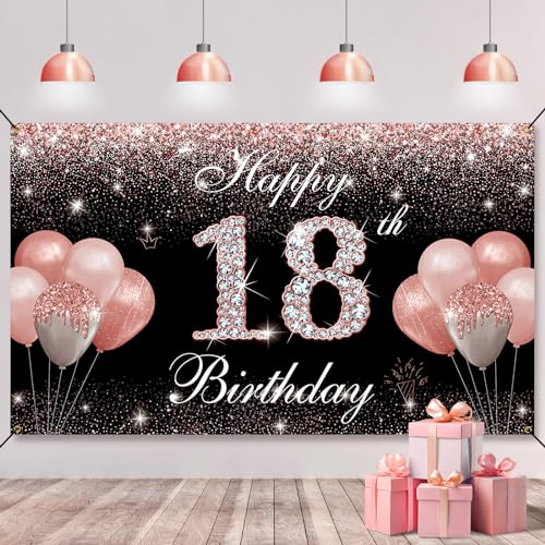 HTDZZI 18th Birthday Decorations for Girls, Happy 18th Birthday Backdrop Banner Rose Gold, 18 Year Old Birthday Party Yard Sign Photo Booth Props Background Decor Supplies for Women, Fabric