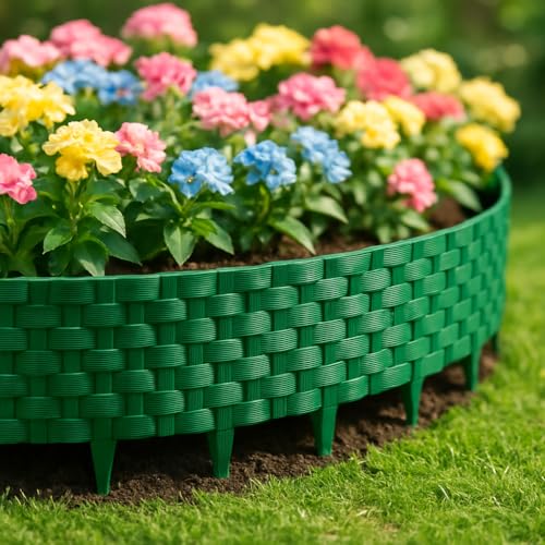 Image of Woven Garden Border Fence - Interlocking Edging Panels | Flexible Weave Fence for Flower Beds, Lawns & Pathways (Brick Design (10 Pcs), Green)