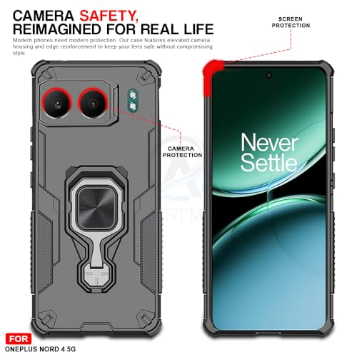 Image of AESTMO Armor Back Cover for OnePlus Nord 4 5G | Ring Holder & Kickstand & Camera Protection in-Built | 360 Degree Protection Back Case Cover (Black)