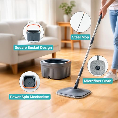 Image of The Better Home 360 Flat Mop Set | Bucket Mop with Wringer System | Stainless Steel Handle Floor Cleaning Mop | Microfiber Pad for Tiles Wooden Floor Kitchen Bathroom Cleaning | Easy Squeeze