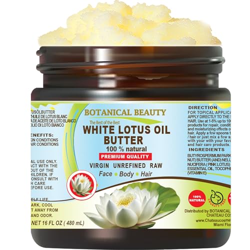 Botanical Beauty WHITE LOTUS OIL BUTTER 100% Natural 16 Fl.oz.- 480 ml. White Lotus Essential Oil in Shea Nut Butter for FACE, SKIN, BODY, HAIR, NAILS. Beauty Skin Moisturizer Oil Butter