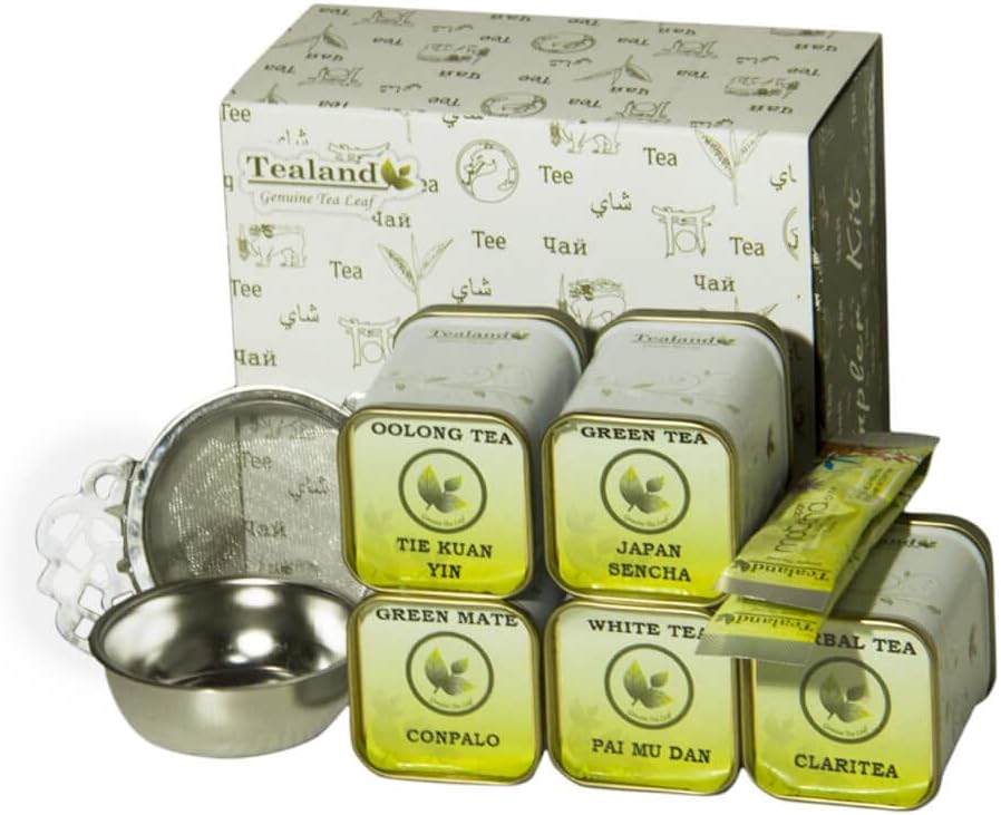Sampler Kit - Slimming Kit With Tie Kuan Yin Japan Sencha Conpalo Pai Mu Dan Claritea in Tea sealed Can and 2 sachet of Matcha Exclusive Stainless Steel Strainer.