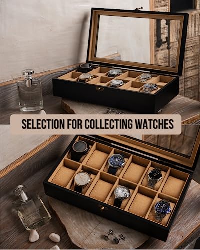 Image of Watch Box, Watch Case for Men Women with Large Glass Lid, Wooden Watch Display Storage Box with 12 - Slots, Charcoal Black Mens Watch Box Organizer
