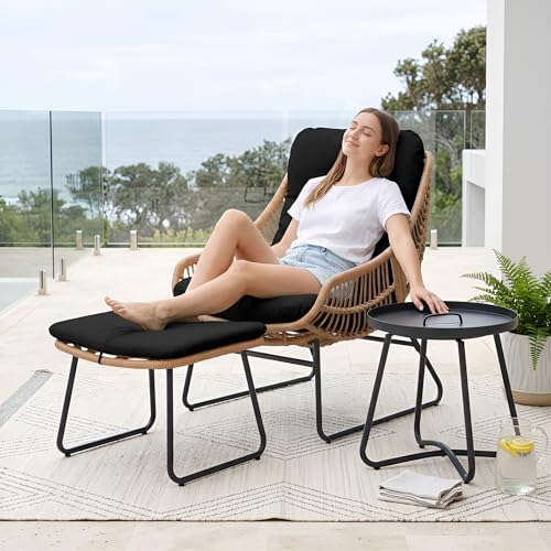 Homezillions Outdoor Wicker Papasan Egg Chair with Ottoman, Patio Basket Lounge Chair Indoor Egg-Shaped Rattan Reading Lounger with Thick Cushion and Table for Living Room Bedroom Balcony Porch, Black