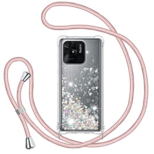 Funda con Cuerda para Xiaomi Redmi 10C 4G, Carcasa Brillante Glitter Transparente Silicona Protección Case con Ajustable Colgante Correa de Cuello Cadena Cordón, Caso de Arena movediza in Oro Rosa Cover