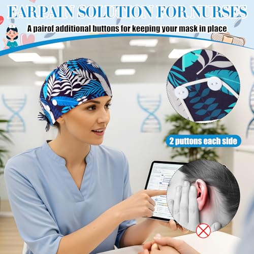 Image of Unittype 4 Pcs Nurse Caps for Women Nursing Working Caps with Button and Sweatband Adjustable Elastic Scrub Hats for Dentist