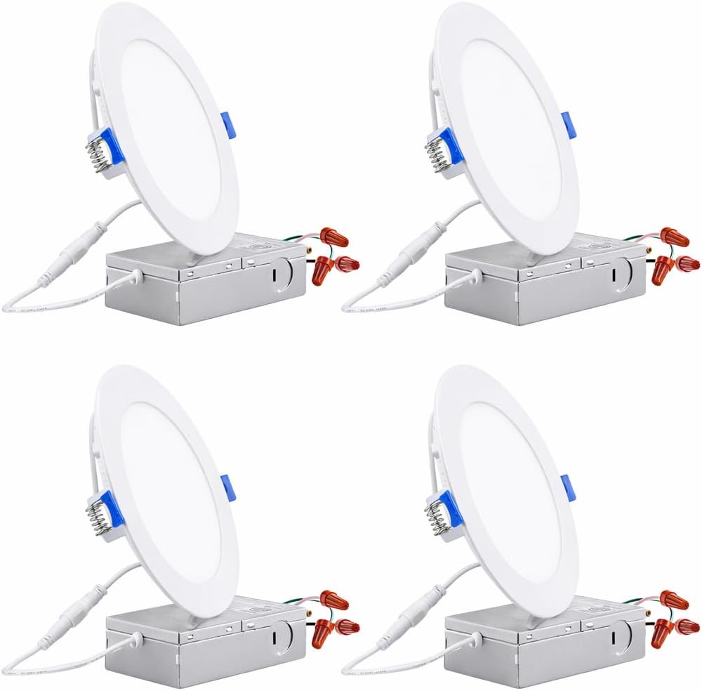TORCHSTAR 6 Inch Ultra-Thin LED Recessed Light with Junction Box, 3000K Warm White, CRI90, 12W 100W Eqv. Dimmable Slim LED Downlight, ETL and Energy Star Certified, Pack of 4