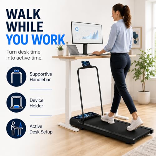 Image of Walking Pad Treadmill with Handle Bar, 8% Incline Under Desk Treadmill | Quiet 2.5HP motor, 265 lb capacity, 0.6-4 MPH speed, 15 x 35.4 in belt, compact for home office and small spaces