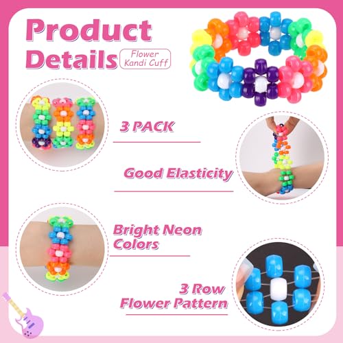 Flower Kandi Bracelets Stretch Rave Candy Bracelets Multi Color Beaded Flower Kandi Cuff Rave Accessories Jewelry Music Party Favor for Women Friends EDM Party Music Festival3