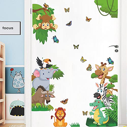 Supzone Jungle Animals Wall Stickers Forest Animals Wall Decal Elephant Monkey Giraffe Lion Wall Decor Diy Vinyl Mural Art For Kids Baby Nursery Bedroom Living Room Playroom #TOP2