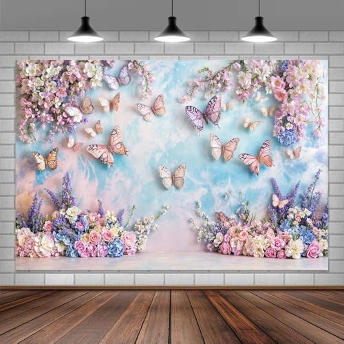 Fondo Fotográfico de Mariposa Morada con Flores 5x3 ft miniatura 5