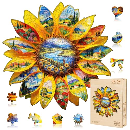 Jollitot Wooden Sunflower Puzzles Adults, Flower Shaped Wood Puzzle 245 Pieces, Oil Painting Puzzles, Christmas Holliday Birthday Gifts for Women Men 13.4 * 13.1in