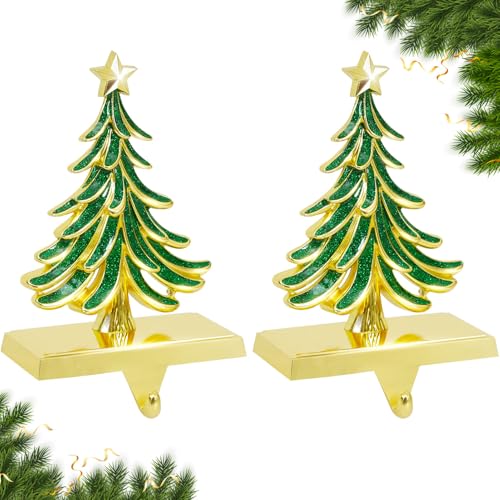 HEALSTOK Christmas Stocking Holders for Mantle Set of 2 Green Xmas Tree Stocking Hangers Sturdy Hooks with Gold Non-Slip Base for Fireplace Christmas Gifts Holiday Party Decoration by HEALSTOK - Used condition - US$15.21