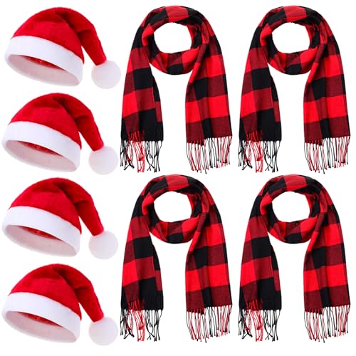 Cuffbow Santa Hat and Scarf Buffalo Plaid Christmas Party, 4 Set