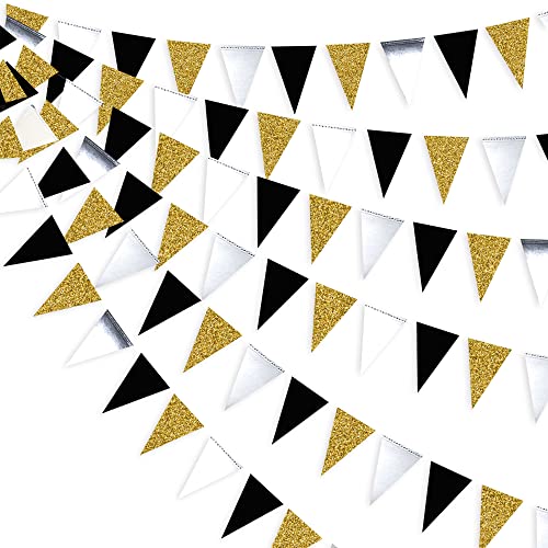 30Ft Or Noir Argent Drapeau Triangle de Papier Guirlande Doré Paillettes Argenté Noir Miroir Double-Face Fanions Bannière Décorations pour Anniversaire Bapteme Mariage Diplômé Retraite de fête Decor