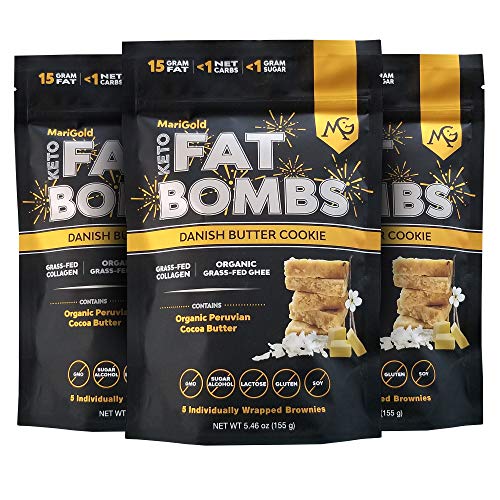 MariGold Keto Fat Bombs - Danish Butter Cookie - Low Carb Collagen Rich Grass-fed Ghee Organic Cocoa Butter Gluten-Free Non-GMO (3 bags 5 Servings each) No Weird Aftertaste