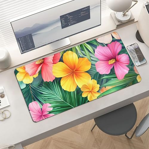 Image of Palm Leaves Tropical Extended Gaming Mouse Pad, with Stitched Edges Large Mouse Pad Desk Protector, Rubber Base Mousepad Keyboard Mouses Mat for Work Game Office Home- 32 inch X 16 inch Inch