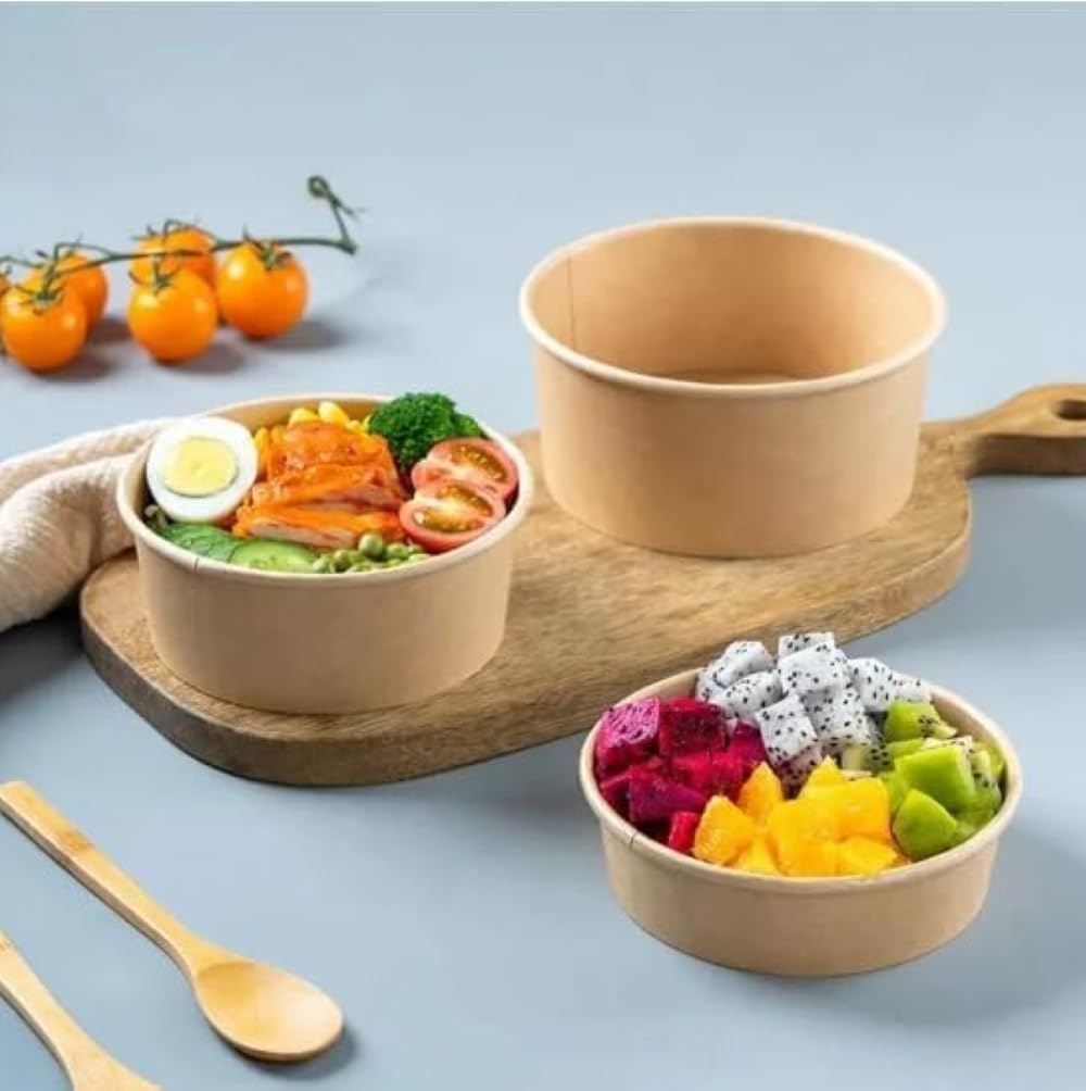 HOT BARGAINS Kraft Paper Salad Bowls, 35oz/1000ml, Disposable Food Containers for Street Food, Pack of 50