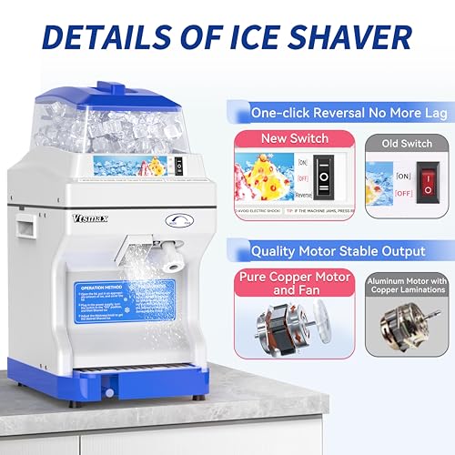 Vtsmax Electric Ice Crusher Shaver, 300W Snow Cone Maker Machine 441LBs/hr Thickness Adjustable for Bar Parties Events Snack(5.8Qt) - Thumbnail 5