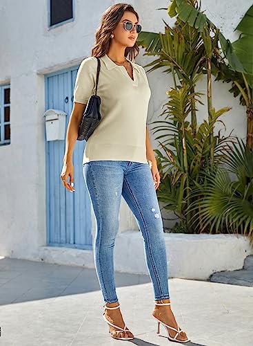 Kate Kasin Short Sleeve Sweaters for Women, V Neck Knit Tops, Business Casual Polo Shirts Apricot XXL — view 3