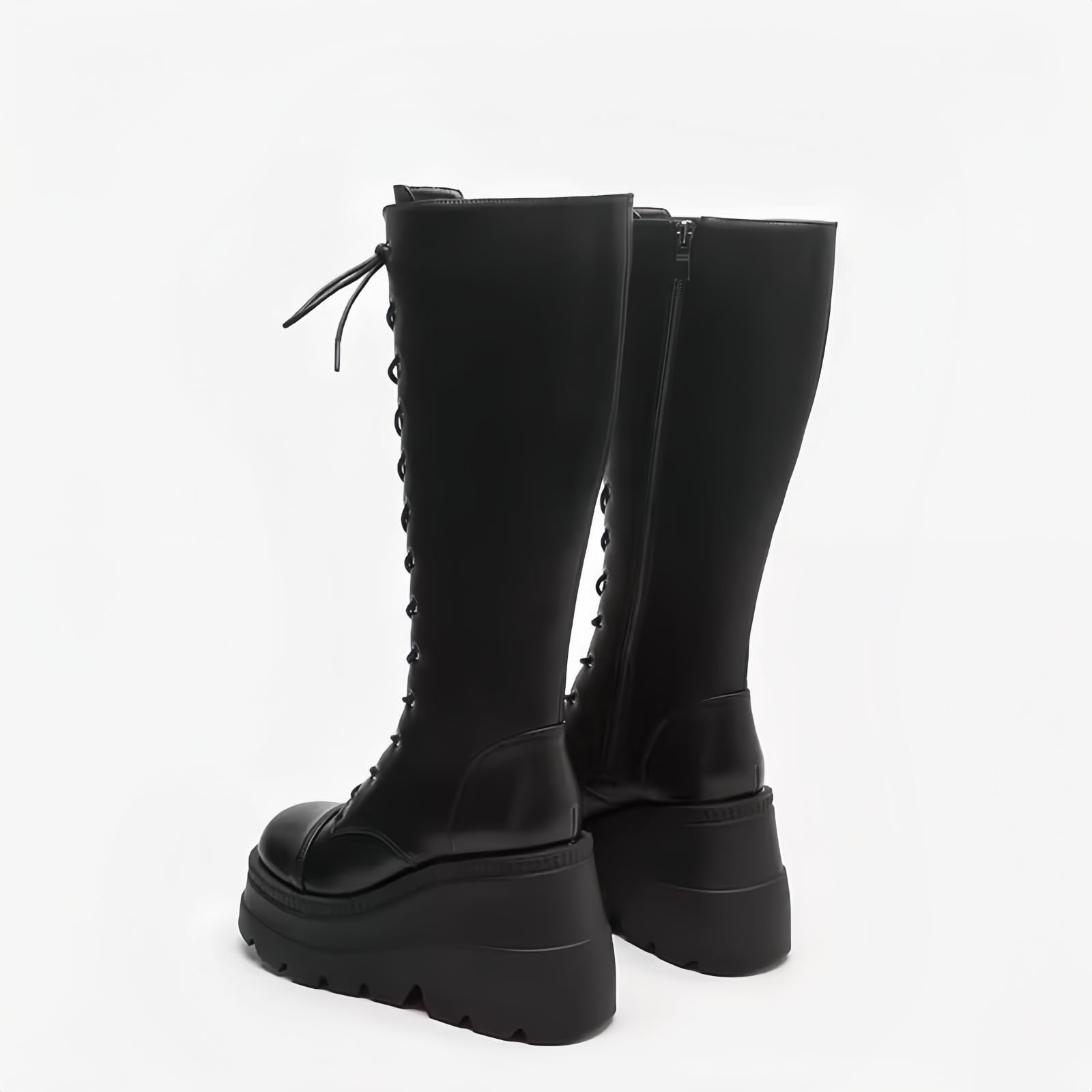 Stivali da ginocchio con piattaforma a cuneo alto con tacco piattaforma grosso Lace Up & Zipper Punk Goth Stivali da combattimento di vitello medio Stivali da moto con fibbie in metallo