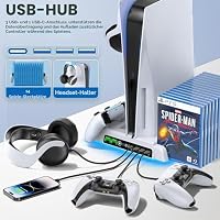 OIVO PS5/PS5 Slim/PS5 Pro Ständer mit 3 stufig Lüfter und Licht, PS5 Standfuß mit 4 USB Ports/Controller Ladestation/Headset Halter/Remote Steckplatz/14 Spiele Aufbewahrung für PS5 Zubehör – Ansicht 5
