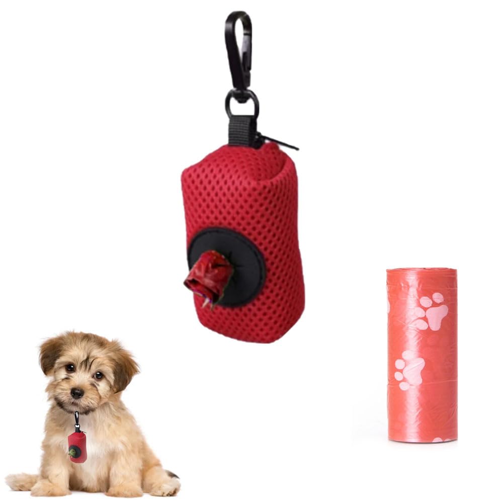 Poo Bag Holder with Dog Poo Bags Reusable Poo Bag Dispenser Portable Mesh Dispenser Pouch Red Poop Waste Bags Pet Supplies for Outdoor Travel Walking Park
