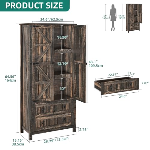 Dwvo MADWVZTYQ6 Farmhouse Kitchen Pantry Cabinet, 64.5 Inch Tall Storage Cabinet With 2 Drawers And Adjustable Shelves, Versatile Storage For Living Room, Dining Room Or Hallway, Dark Rustic Oak thumb #1