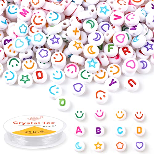 Letter Beads - Vaktop 300PCS Alphabet Beads, Acrylic Smiley Face Beads, Colourful Heart Star Moon Flower Beads with 7m Clear Elastic String - for Jewellery Making Supplies