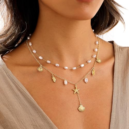 Shell Charm Necklace For Women Stack 14k Gold Plated Seashell Pearl Necklace Dainty Starfish Beach Layered Pendant Summer Boho Jewelry Gifts3