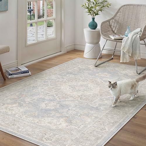 Blue 3x5 Area Rug Washable Vintage Office Carpet Non Slip Low Pile Indoor Entryway Door Mat Soft Retro Oriental Medallion Accent Throw Rug for Bathroo