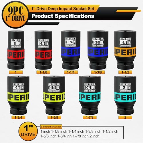 Image of 9 Piece 1 inch Drive Deep Impact Socket Set, 1 inch - 2 inch Jumbo Socket, SAE, 6-Point, Heavy Duty CR-MO, Truck Tire Service, Mechanical Equipment Maintance