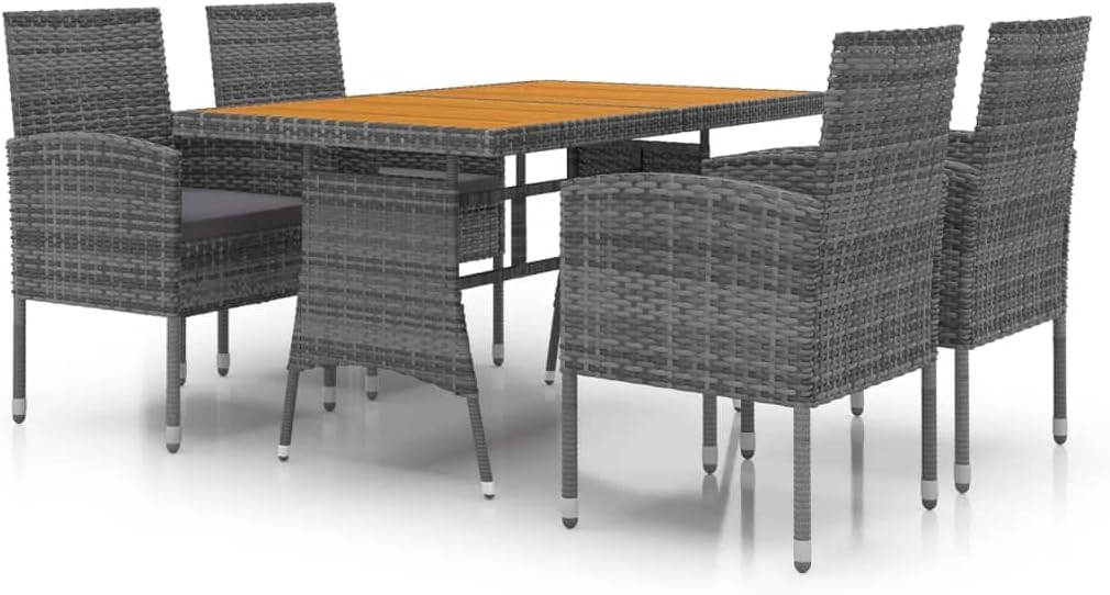 vidaXL Poly Rattan Outdoor Patio Dining Set - 5-Piece Set with Solid Acacia Wood Table and Water- Gray Rattan Chairs with Cushions.