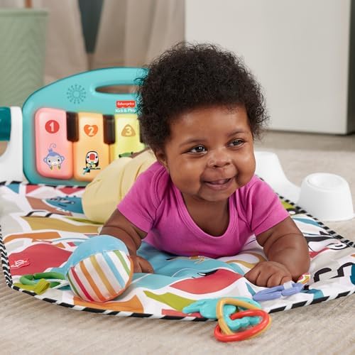 Fisher-Price Bebekler için Yaşa Göre Gelişim özellikli ve Türkçe dil destekli mavi Fisher-Price Neşeli Hayvanlar Müzikli oyun minderi ve piyanolu jimnastik merkezi, taşınabilir müzik oyuncağı, HWY49 - Görsel 2