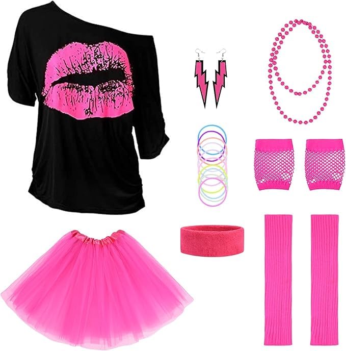 Aomig 80s Fancy Dress Costumes for Women Girls 1980s Retro Costume Accessories Set 8pcs Retro 1980S Neon Party Outfit Set Lips Print T-Shirt Adult Tutu Skirt with Headband Necklace Gloves