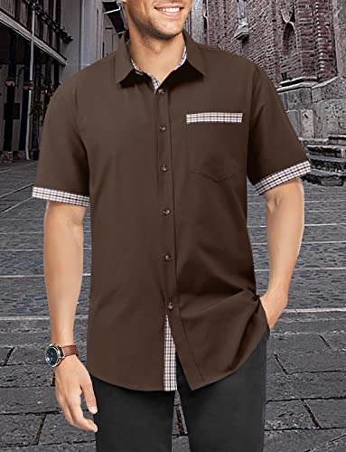 Tureface Button Shirts For Men Casual Slim Fit Short Sleeve Dress Shirt Plus Size Plaid Shirt For Summer(Brown,2Xl) #TOP3